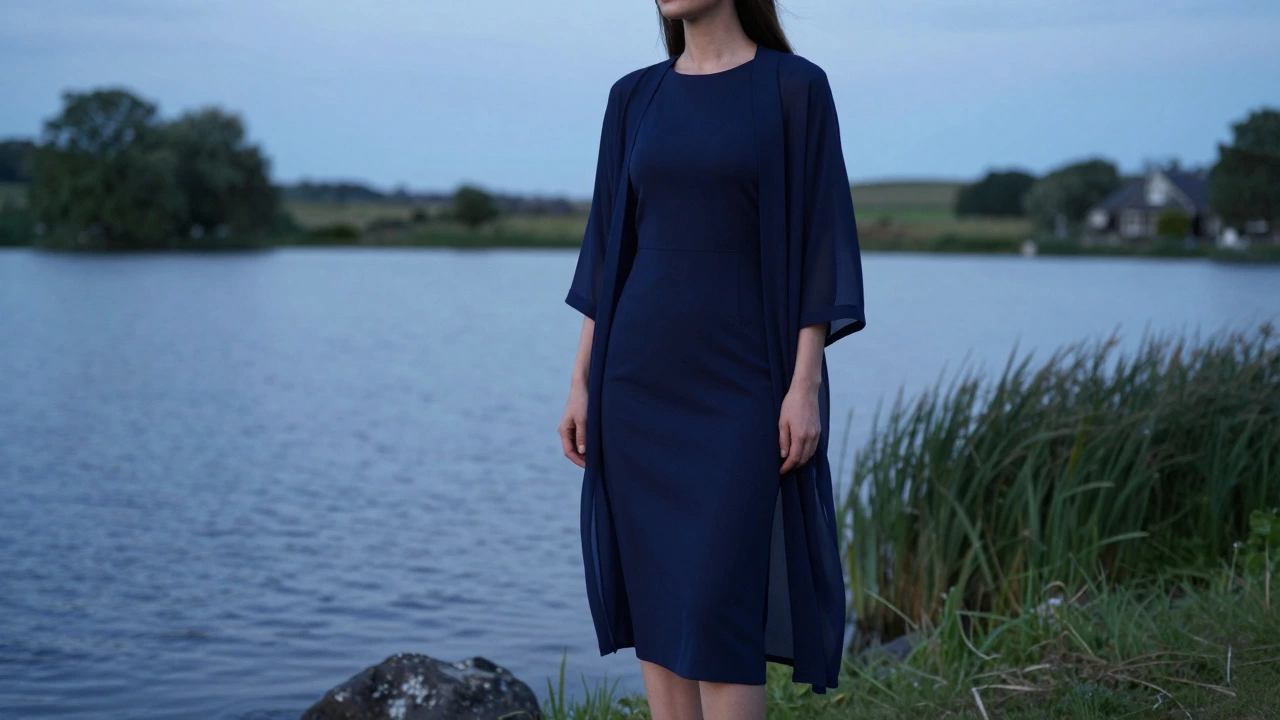 Woman in navy midi dress with light layer by Lough Derg