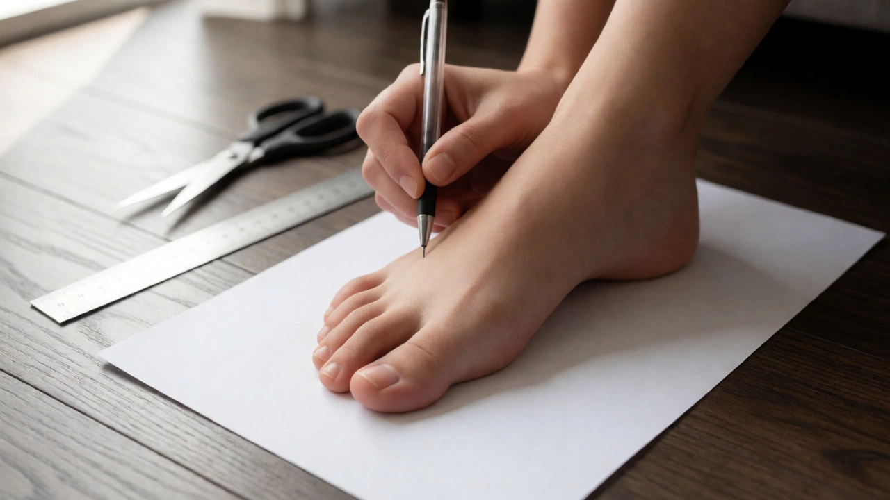 Woman measuring the width of her foot on paper with a pen and ruler.