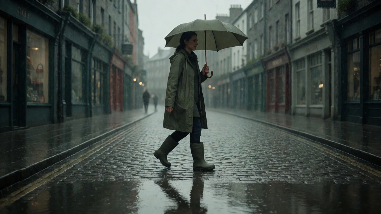 Woman walking in waterproof boots on wet cobblestone streets in Ireland.