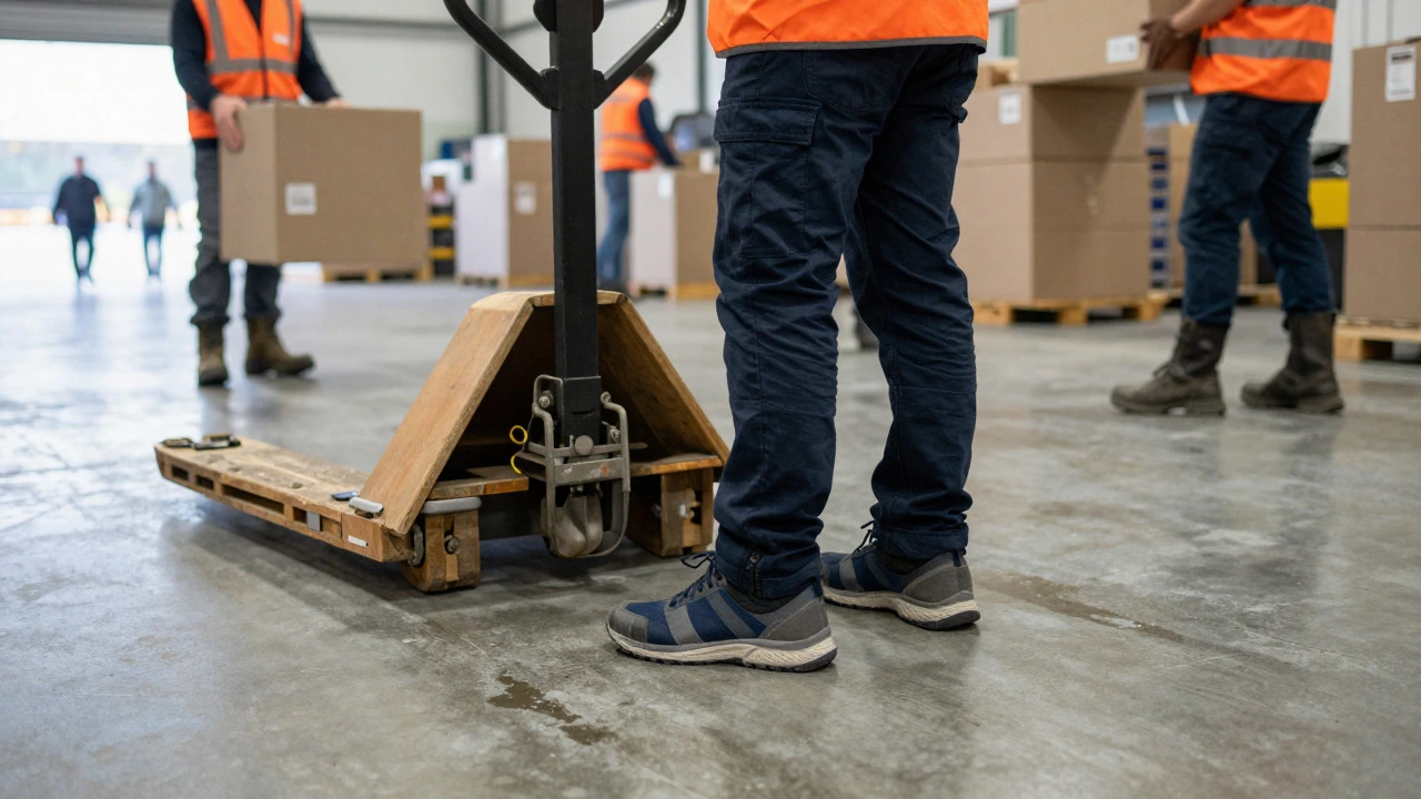 Worker in safety trainers moving boxes in warehouse