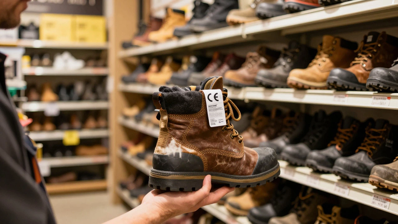 Worker inspecting EN ISO label on safety boots
