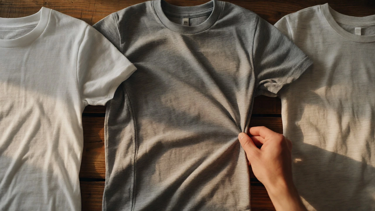 Close-up comparison of budget, mid-range, and luxury t-shirt fabrics