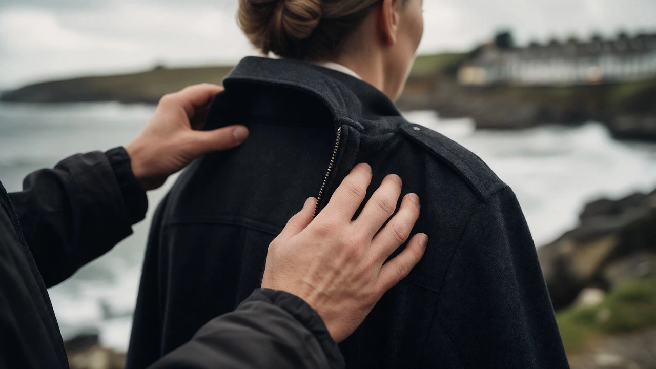 Close-up of a man gently placing a jacket over a woman's shoulders near a windy Irish coastline.