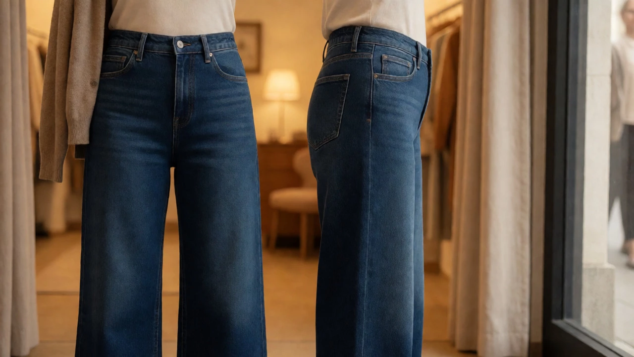 Close-up of high-waisted wide-leg jeans fit on an older adult's waist and hips