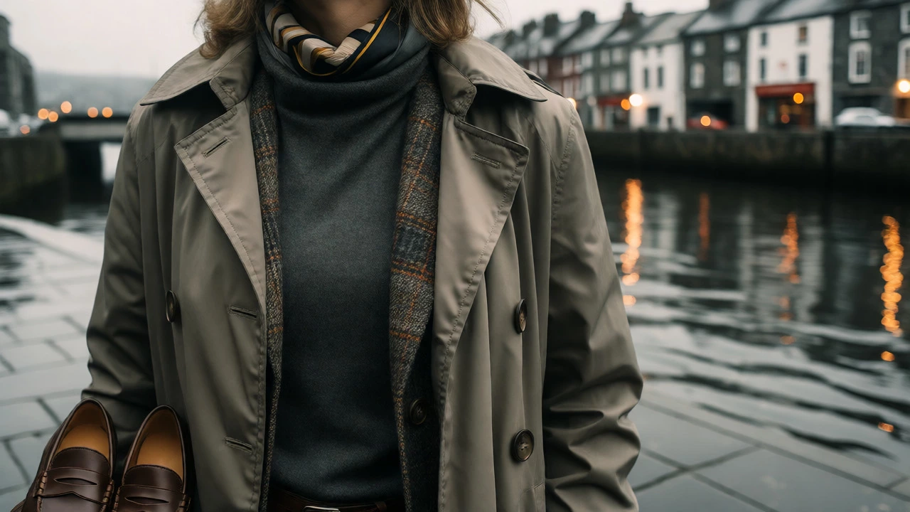 Close-up of merino layers and leather loafers near Galway quay in overcast light