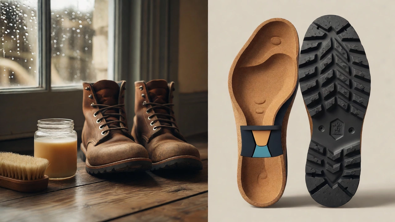 Cross-section of a supportive shoe sole next to leather care products on a wooden floor.