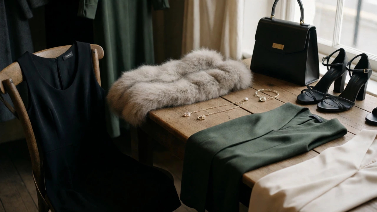 Curated evening fashion items on rustic wooden table