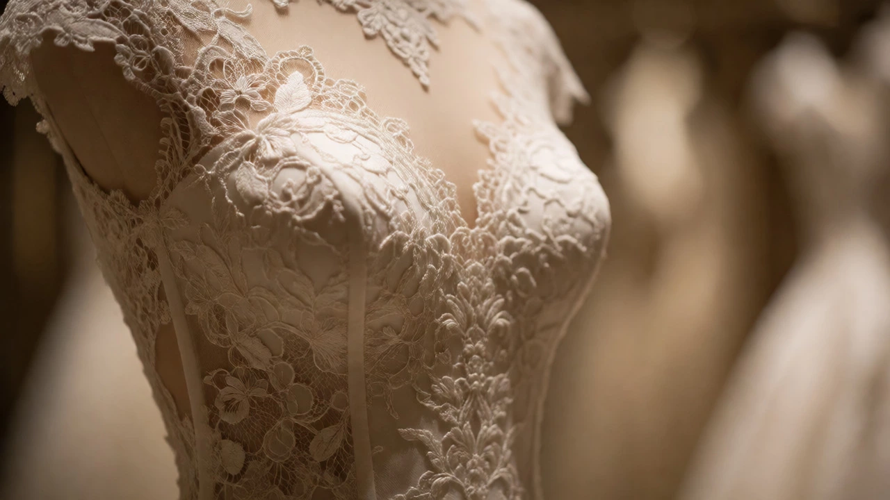 Detailed close-up of a lace wedding gown with an illusion neckline and structured bodice