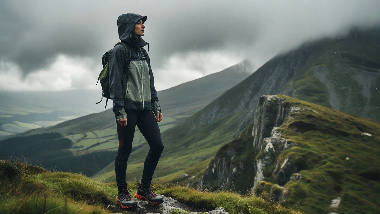 Hiker in gorpcore athleisure overlooking Wicklow Mountains