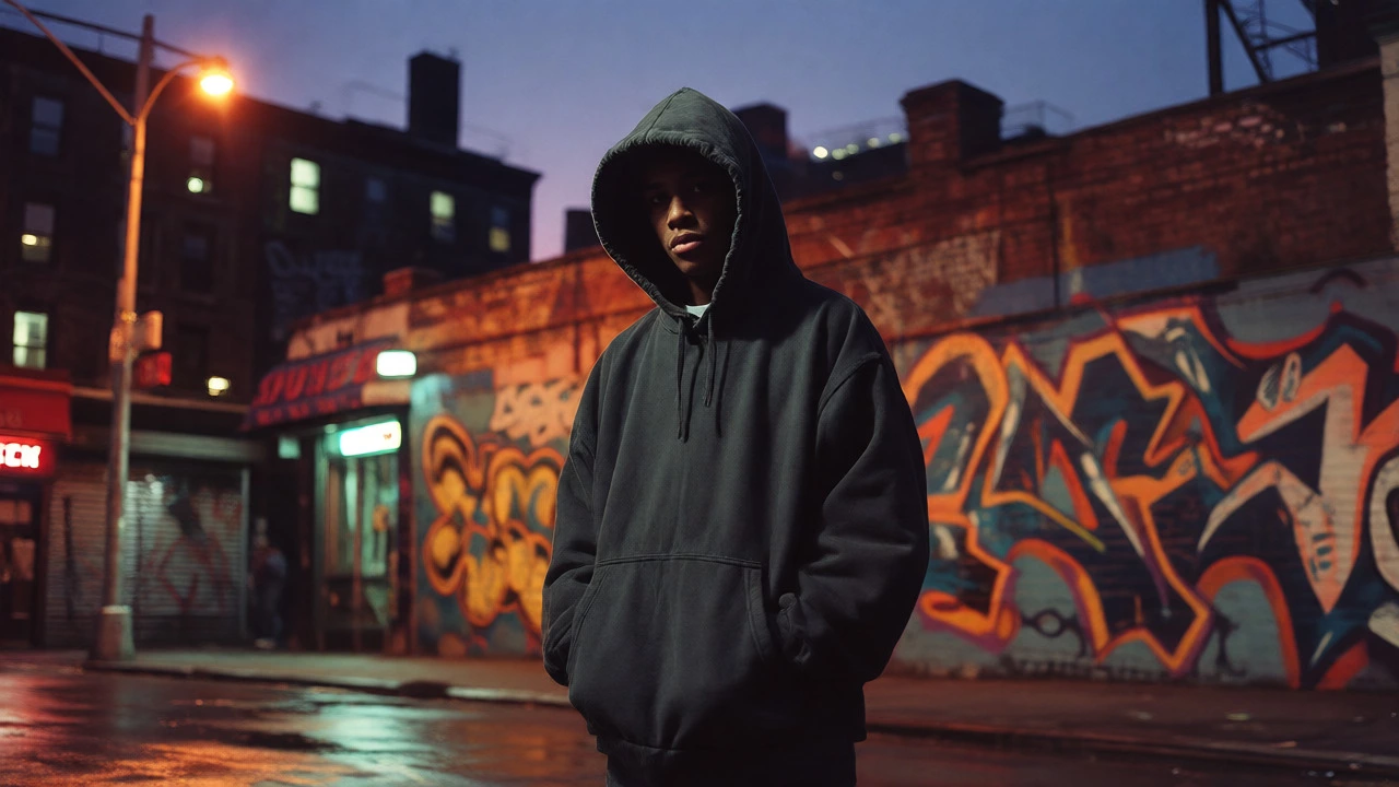 Hip-hop artist in 1980s NYC wearing an oversized hoodie under streetlights, surrounded by graffiti.