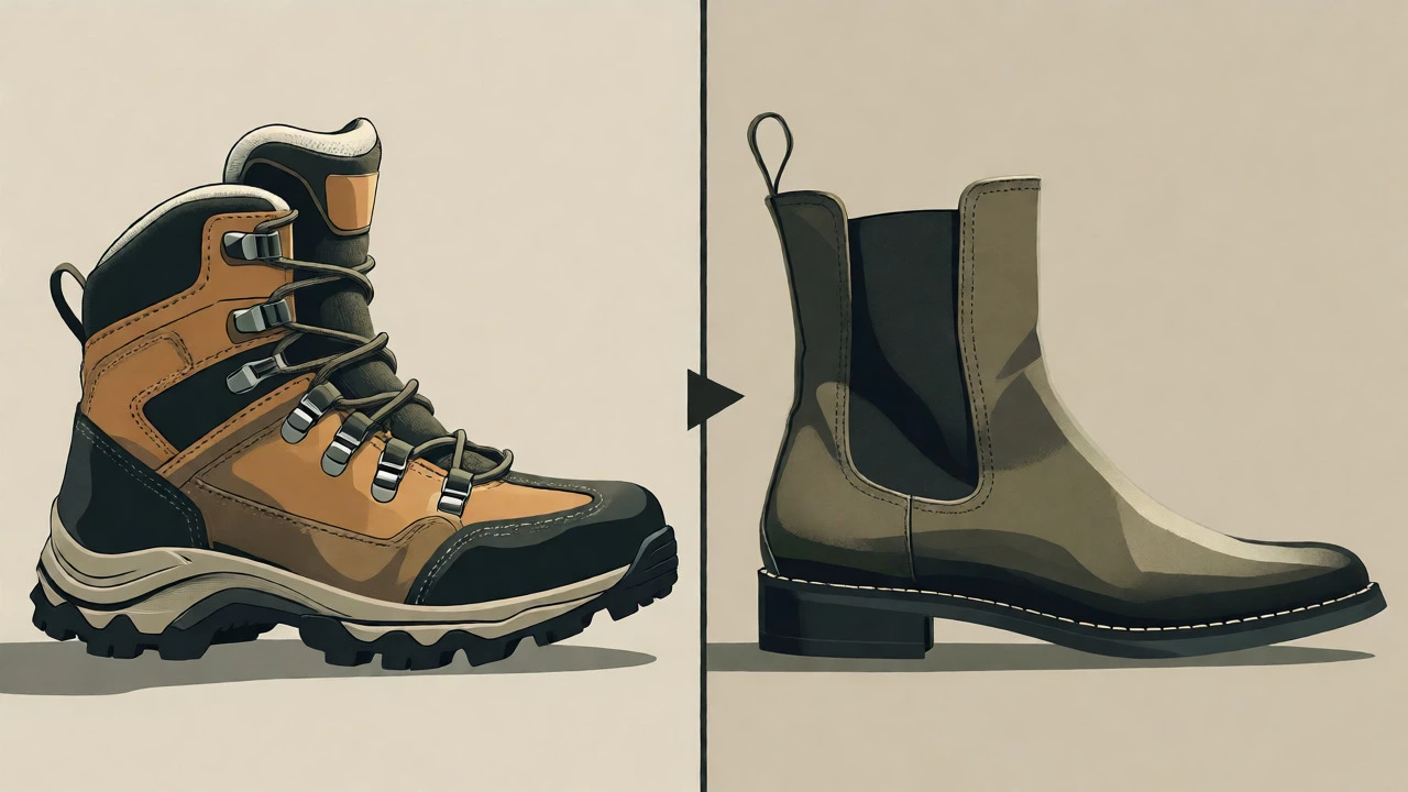 Illustration comparing bulky hiking boots and slim Chelsea boots