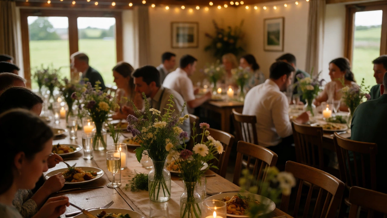 Irish wedding reception in a rustic hall with long tables and seasonal floral centerpieces