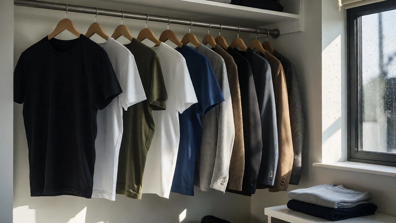 Minimalist capsule wardrobe with neutral t-shirts in a sunny closet