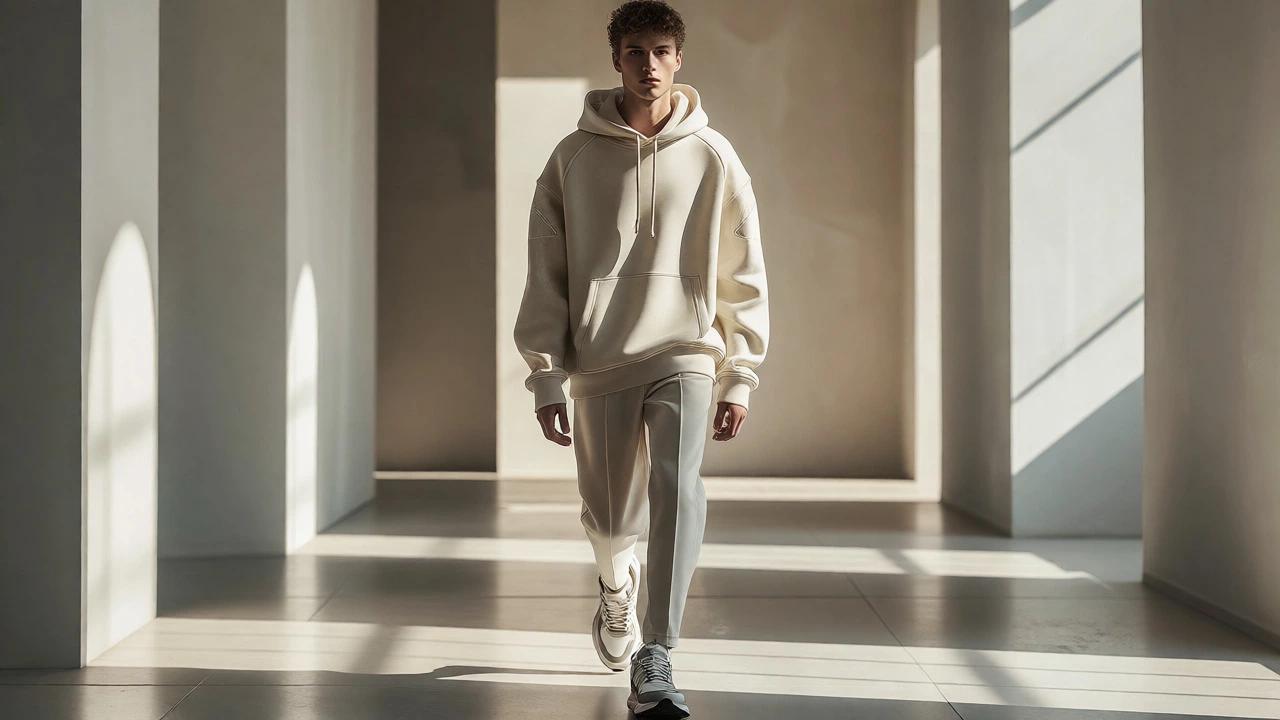 Model wearing a luxury designer hoodie on a fashion runway, blending casual comfort with high-end style.
