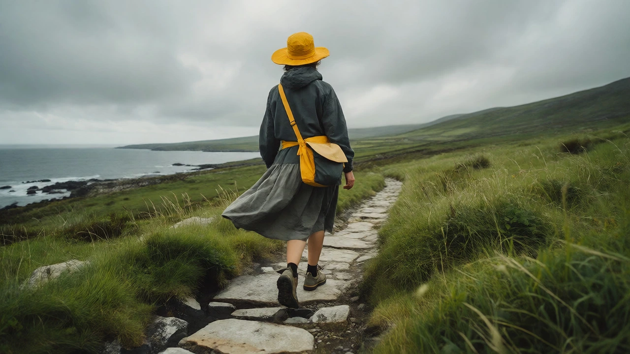 Person walking coastal path with bright accessories and comfortable footwear