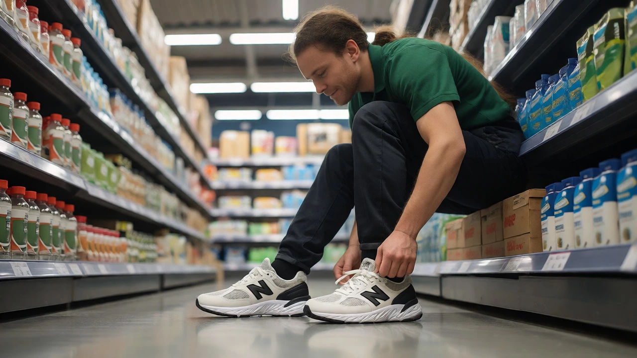 Retail worker adjusting New Balance sneakers