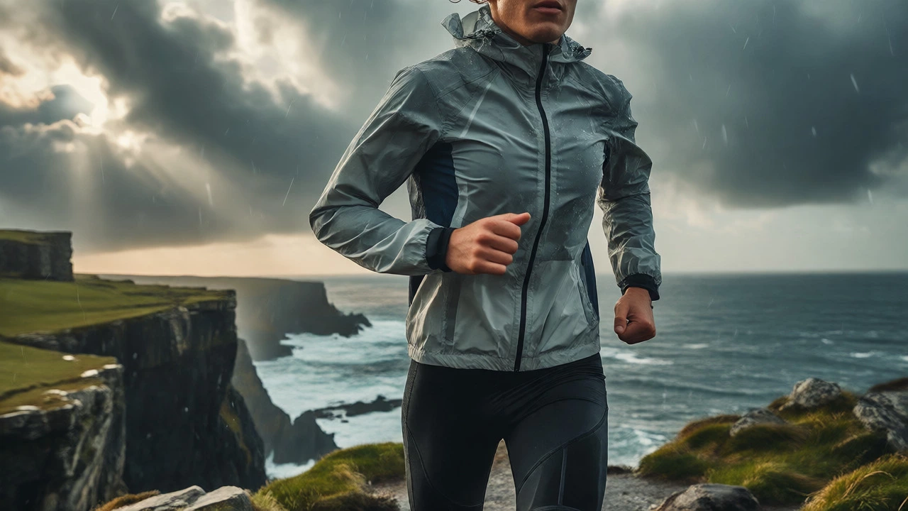 Runner in technical activewear on windy Irish coastal cliffs