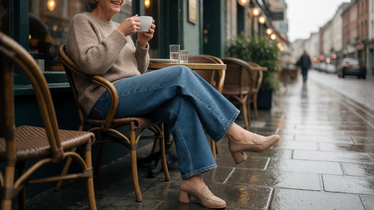 Senior woman in wide-leg jeans relaxing at an outdoor cafe in Ireland