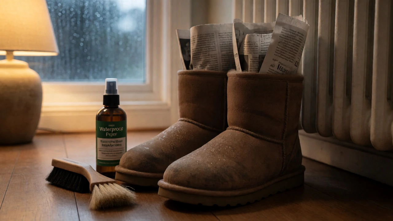 Sheepskin boots stuffed with newspaper drying indoors after rain