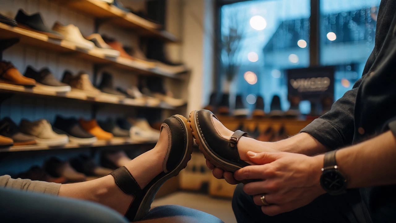 Shoe fitter adjusting a wide-fit supportive shoe on a customer's foot in a warm shop interior.