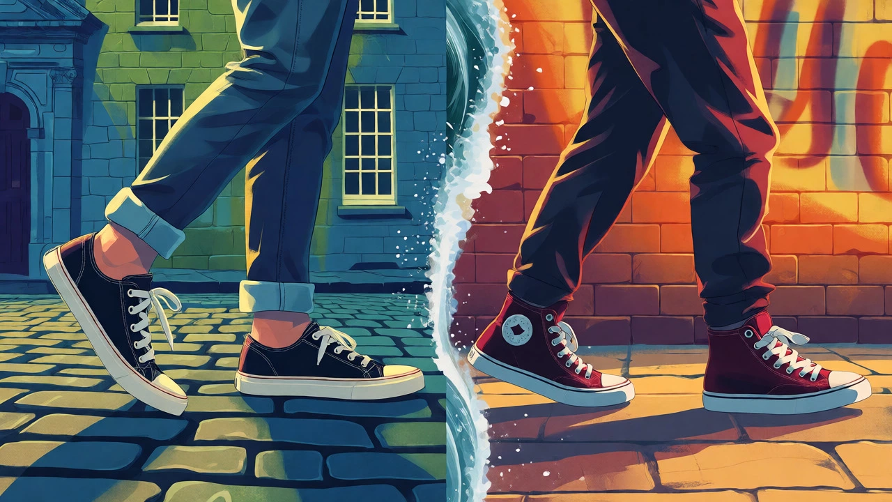 Split image showing trainers in Ireland and sneakers in USA