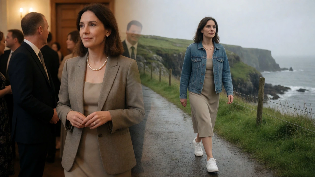 Split view of formal and casual outfits in Irish settings