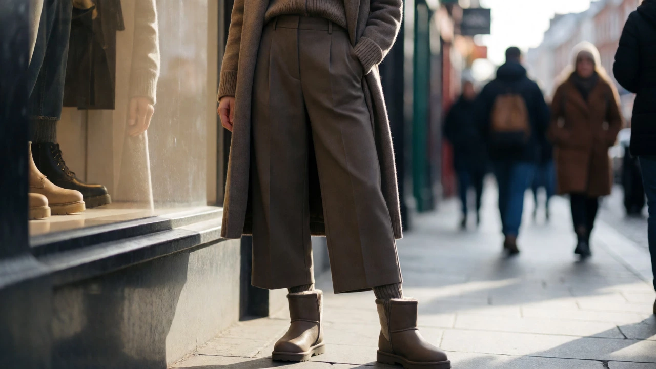 Stylish person in Dublin wearing sheepskin boots with cropped trousers