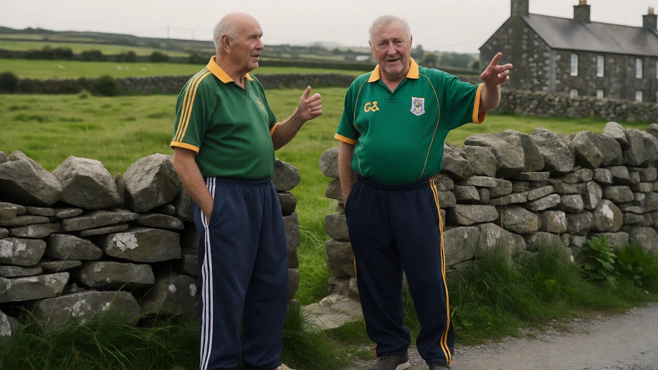Two men in GAA kits and trackies chatting in a rural Irish village setting.