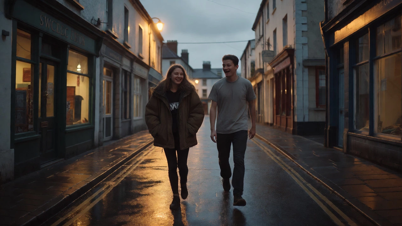 Two people walking down a wet Irish street at night, woman wearing a borrowed jacket, man smiling.