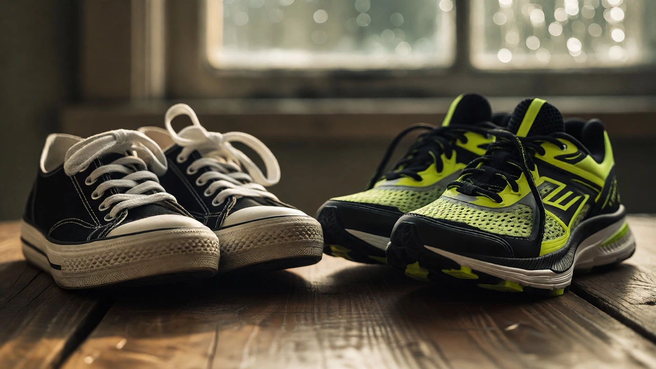 Vintage plimsolls next to modern sneakers on a wooden table