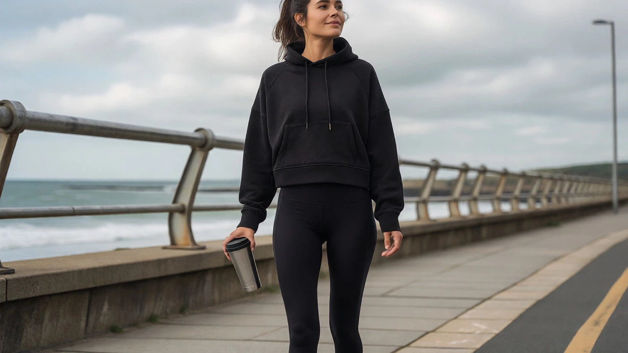 Woman in stylish athleisure walking along the coastal promenade in Dun Laoghaire.