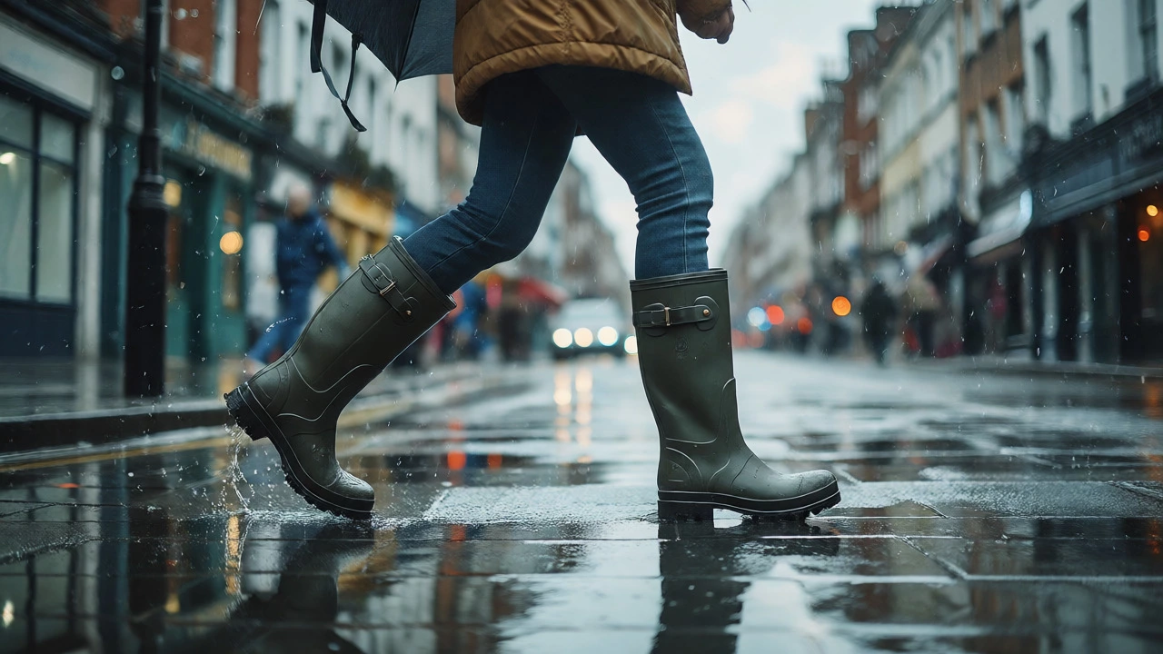 Woman walking in rain boots on a wet Dublin street