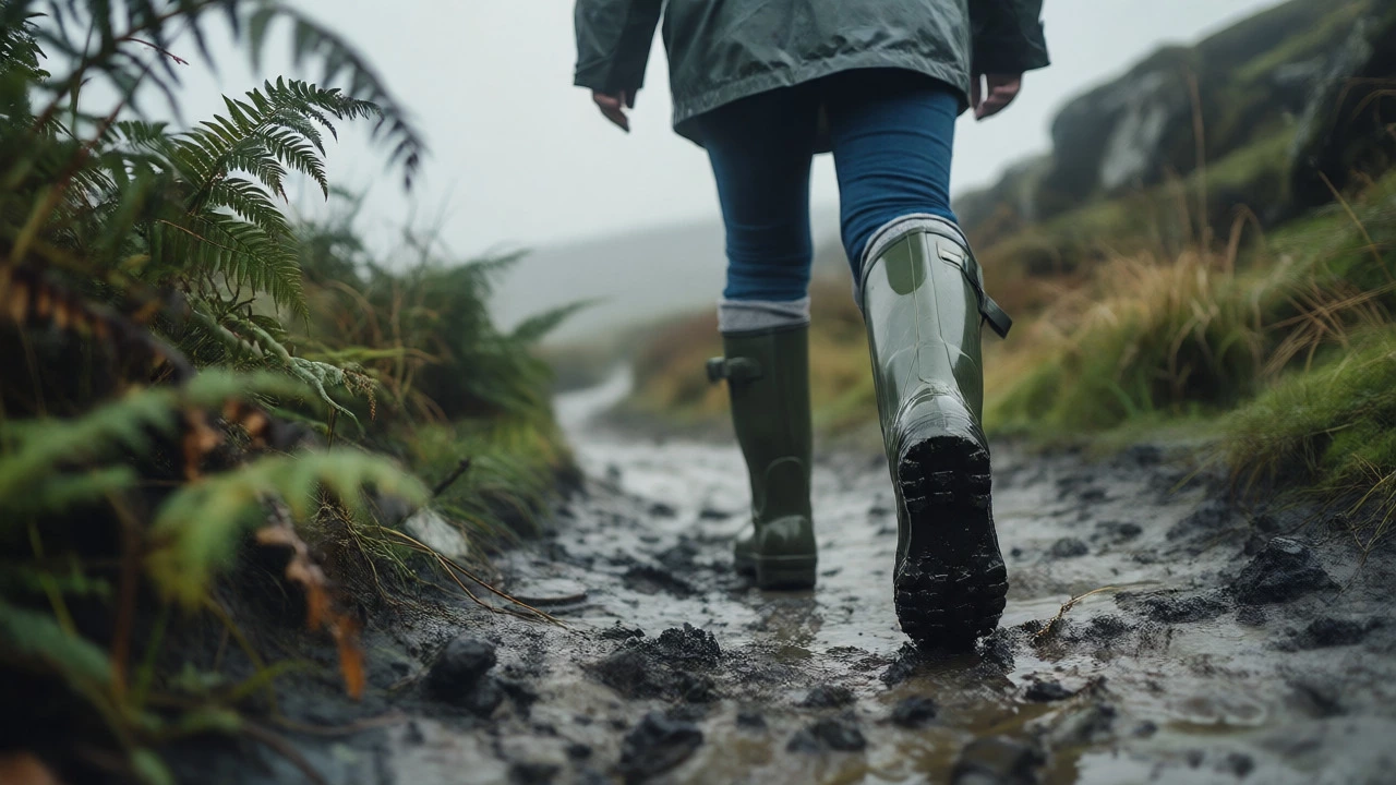 Woman walking in Wellington boots on a muddy Irish path