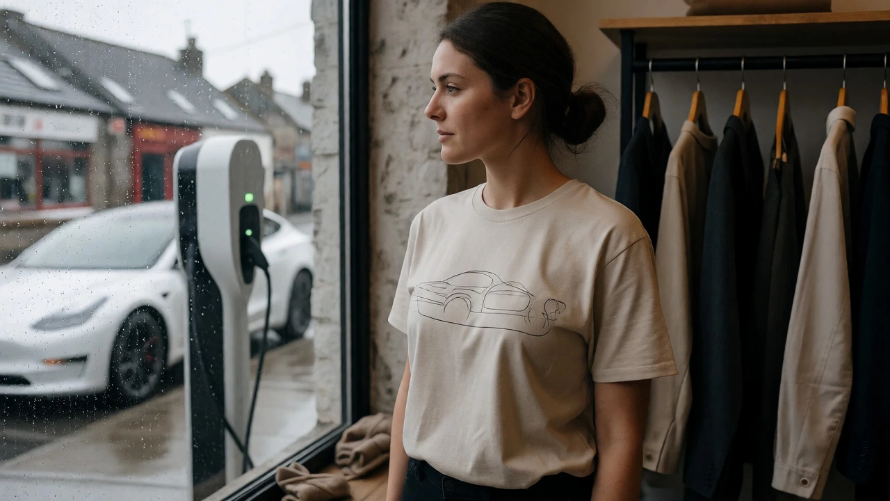 A person in a minimalist graphic tee in a Galway shop with a Tesla outside.