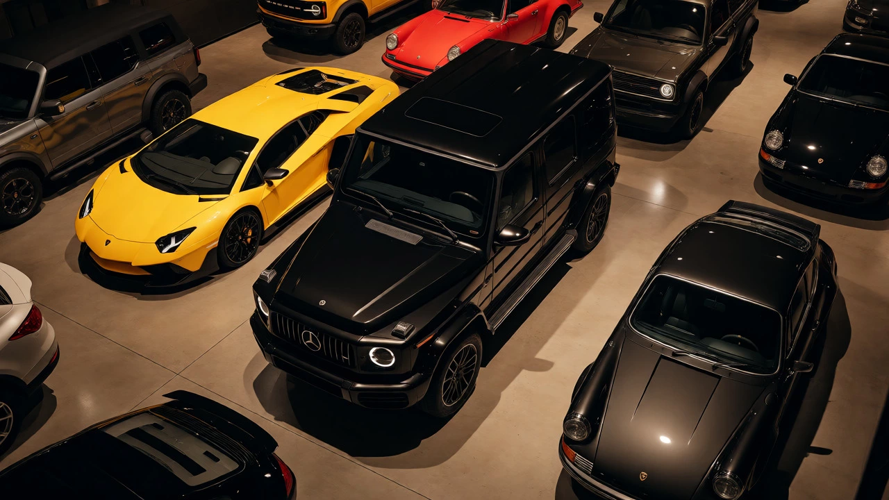 A private garage featuring a Mercedes G-Class, Lamborghini, and Porsche.