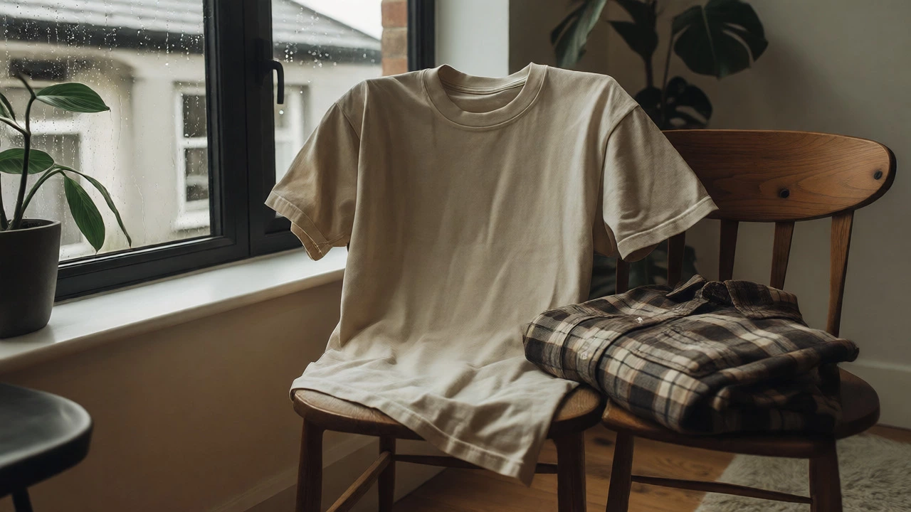 An oversized vintage-style boxy t-shirt displayed near a rainy window in a cozy Irish home.