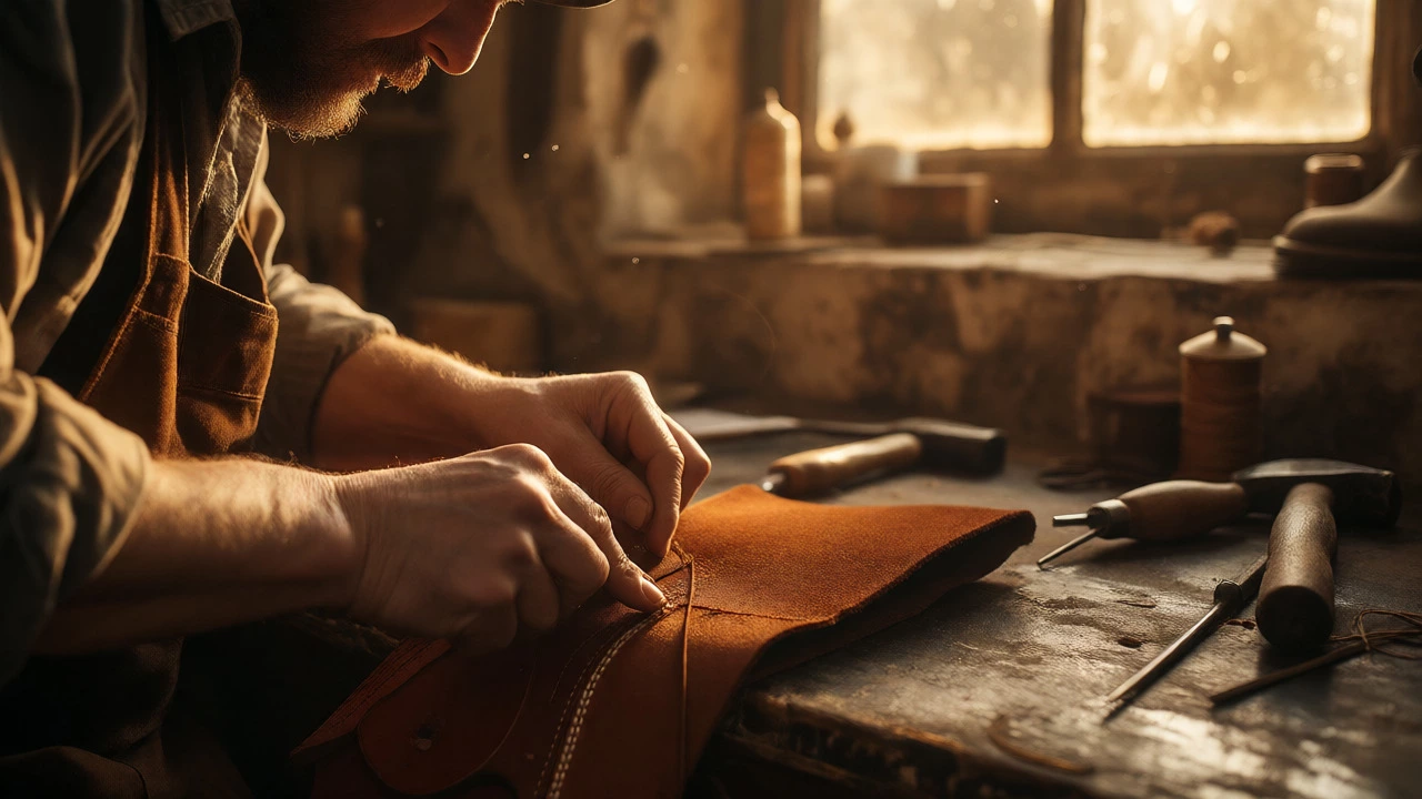 Artisan cobbler hand-stitching leather in a warm Galway workshop
