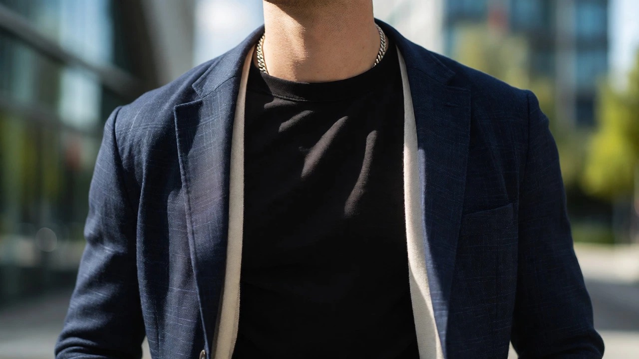 Close-up of a black t-shirt layered under a blazer and cardigan for smart casual wear.