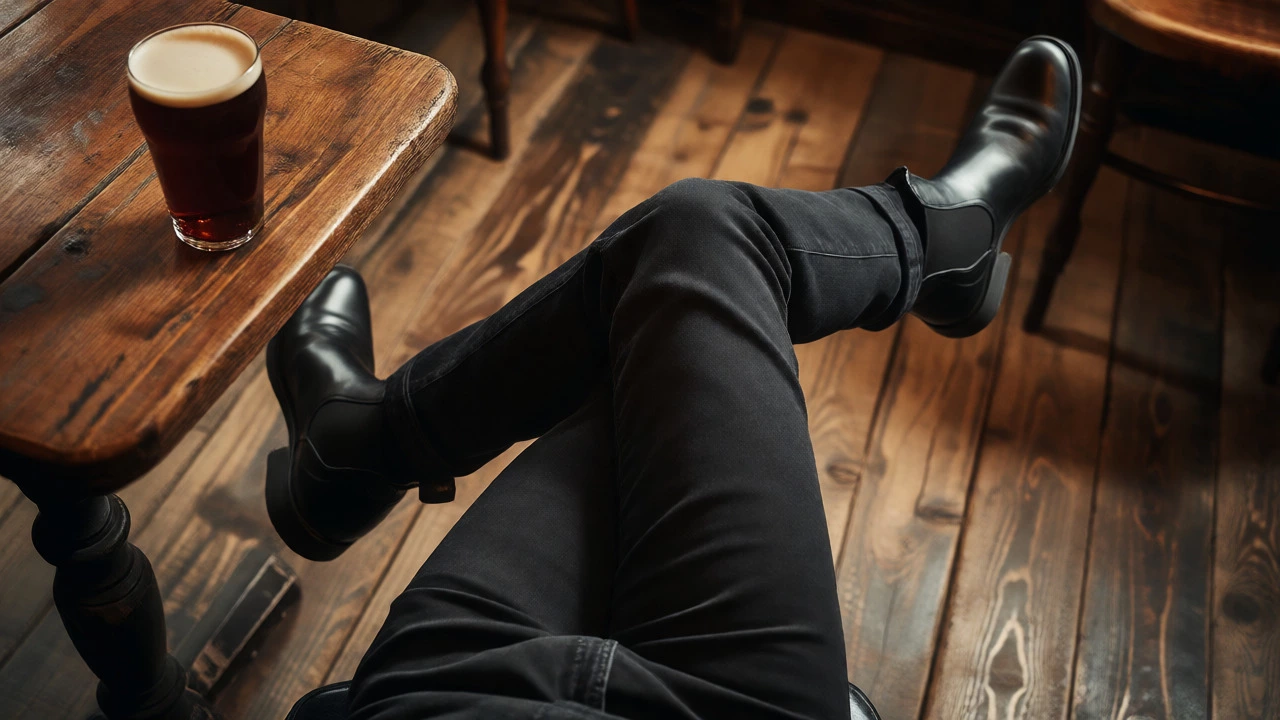 Close-up of black tapered jeans and Chelsea boots in a cozy Irish pub setting
