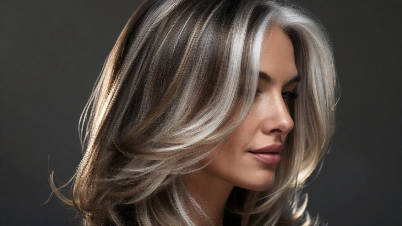 Close-up of layered hair with balayage highlights reflecting light