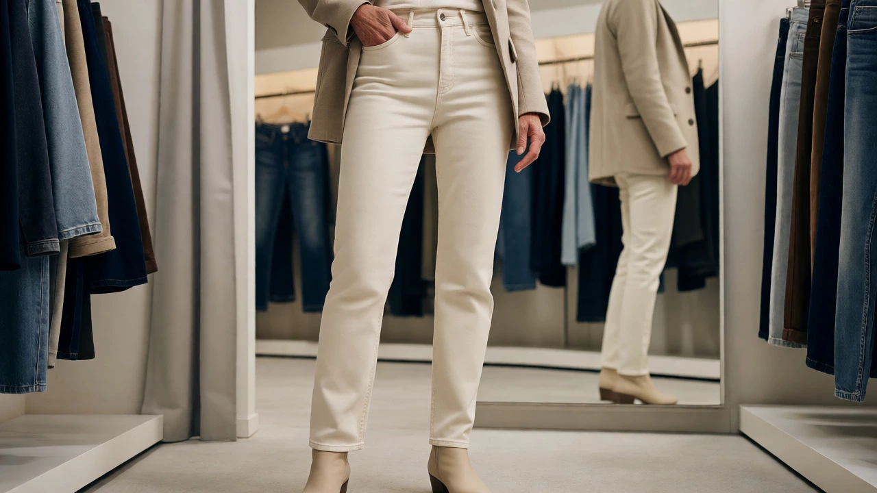 Confident older woman trying on cream jeans and blazer in a bright boutique