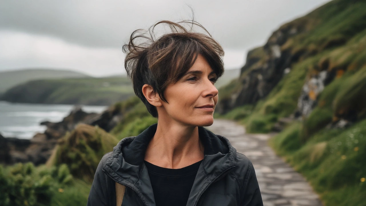 Confident woman with a textured pixie cut walking on a windy Irish coast