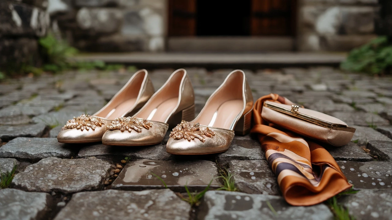 Elegant flats and clutch on wet cobblestones near church