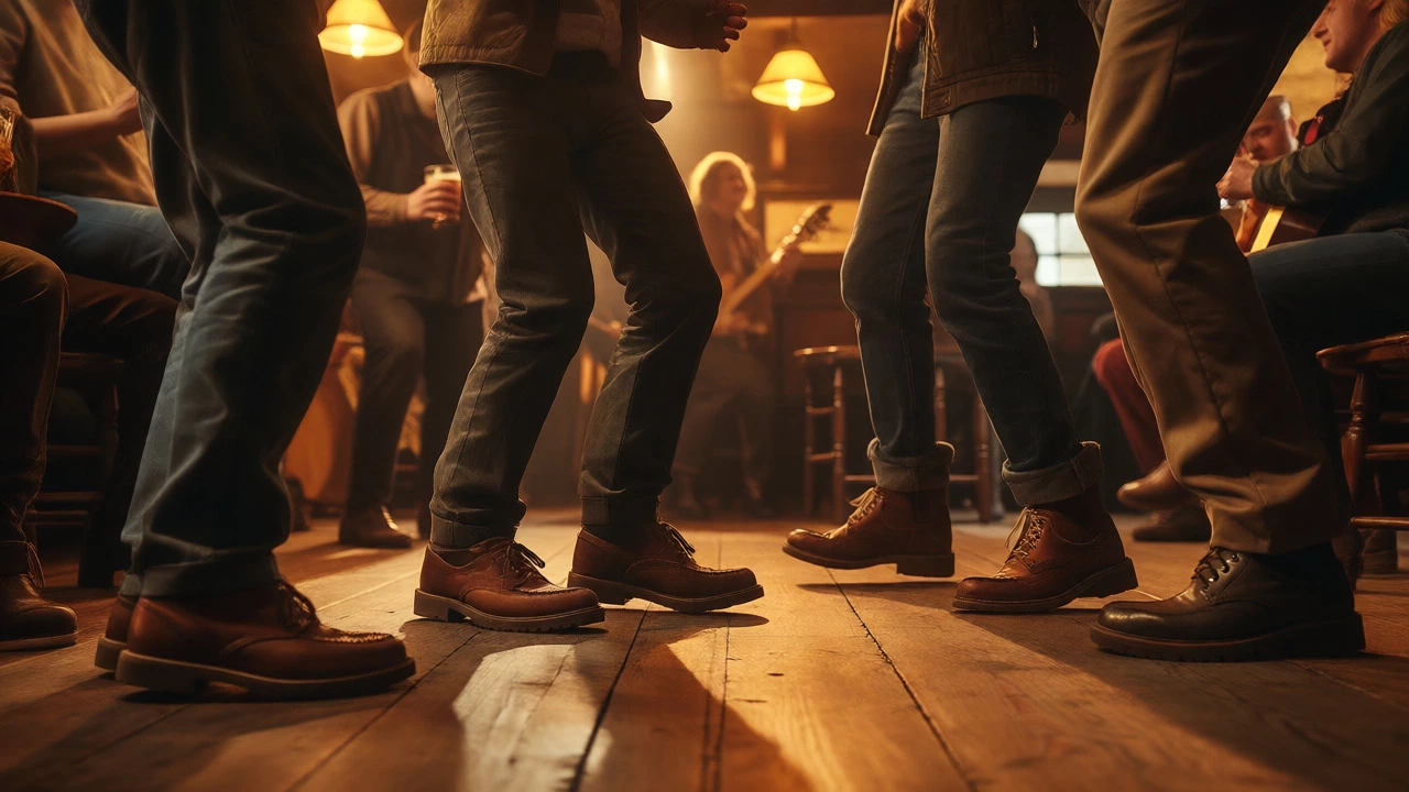 Feet in loafers and boots dancing on a wooden pub floor