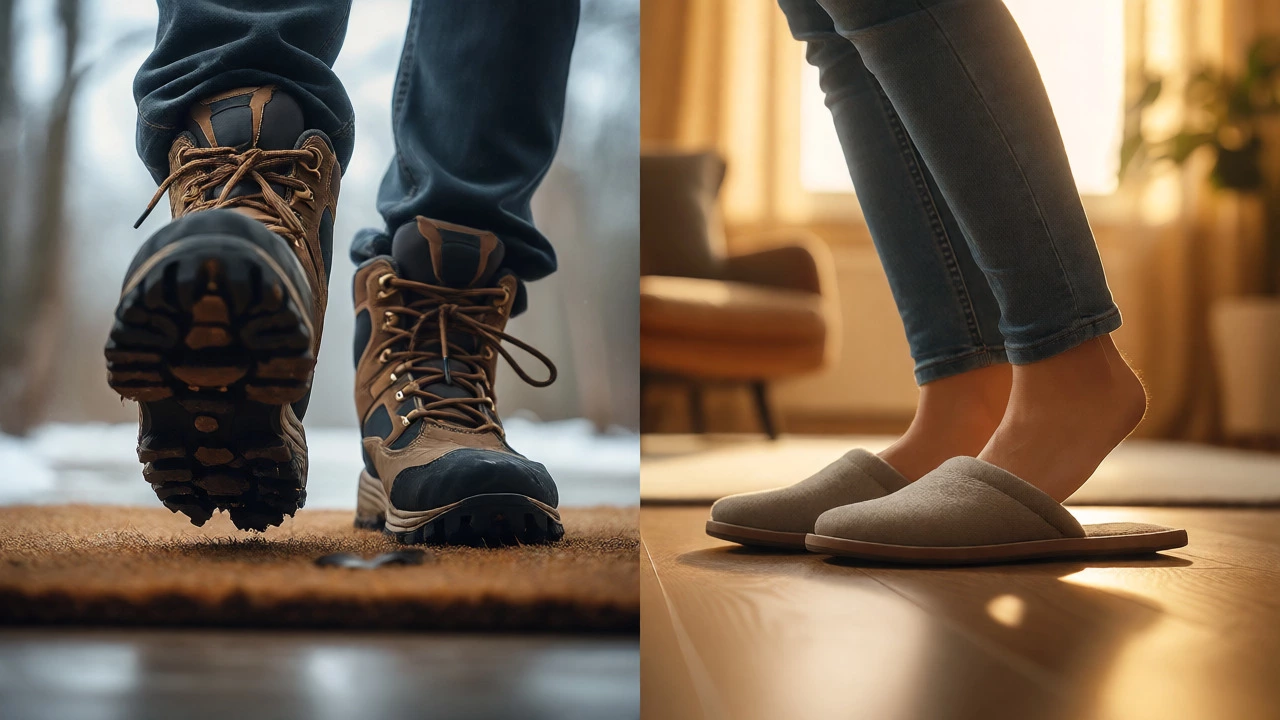 Feet transitioning from outdoor boots to indoor slippers