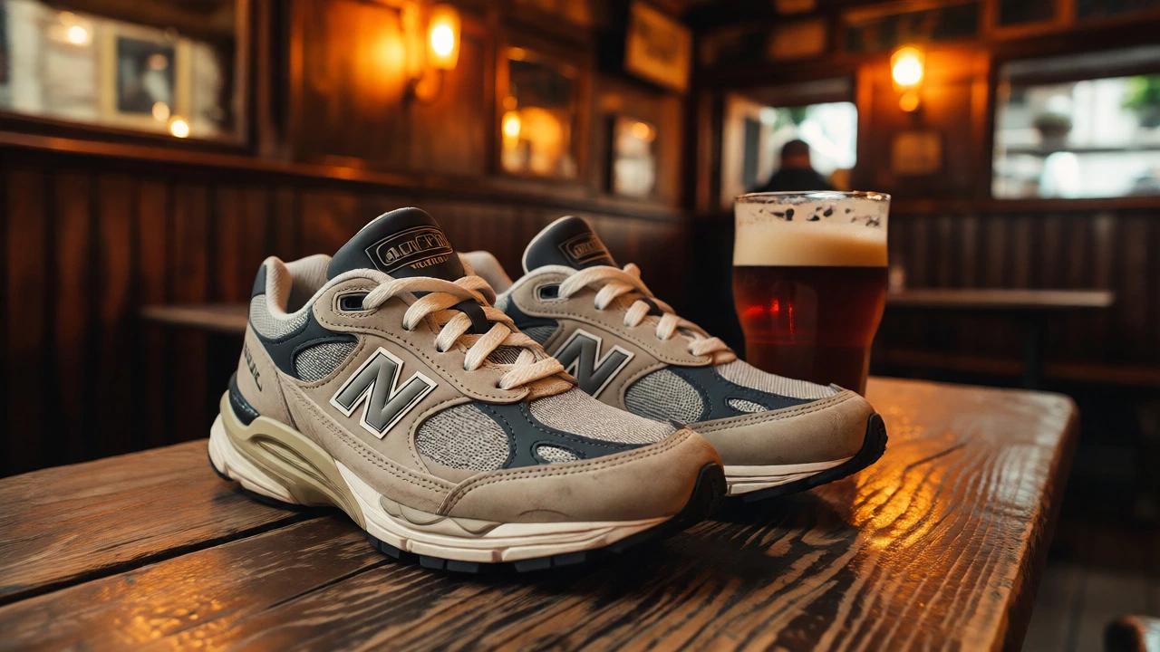 Heritage sneakers sitting next to a pint of stout in a traditional Irish pub