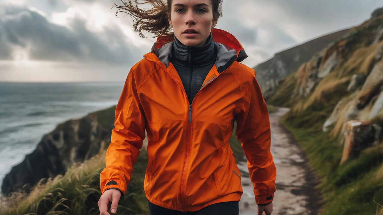 Hiker in a collarless orange jacket on a windy Irish coastal cliff.
