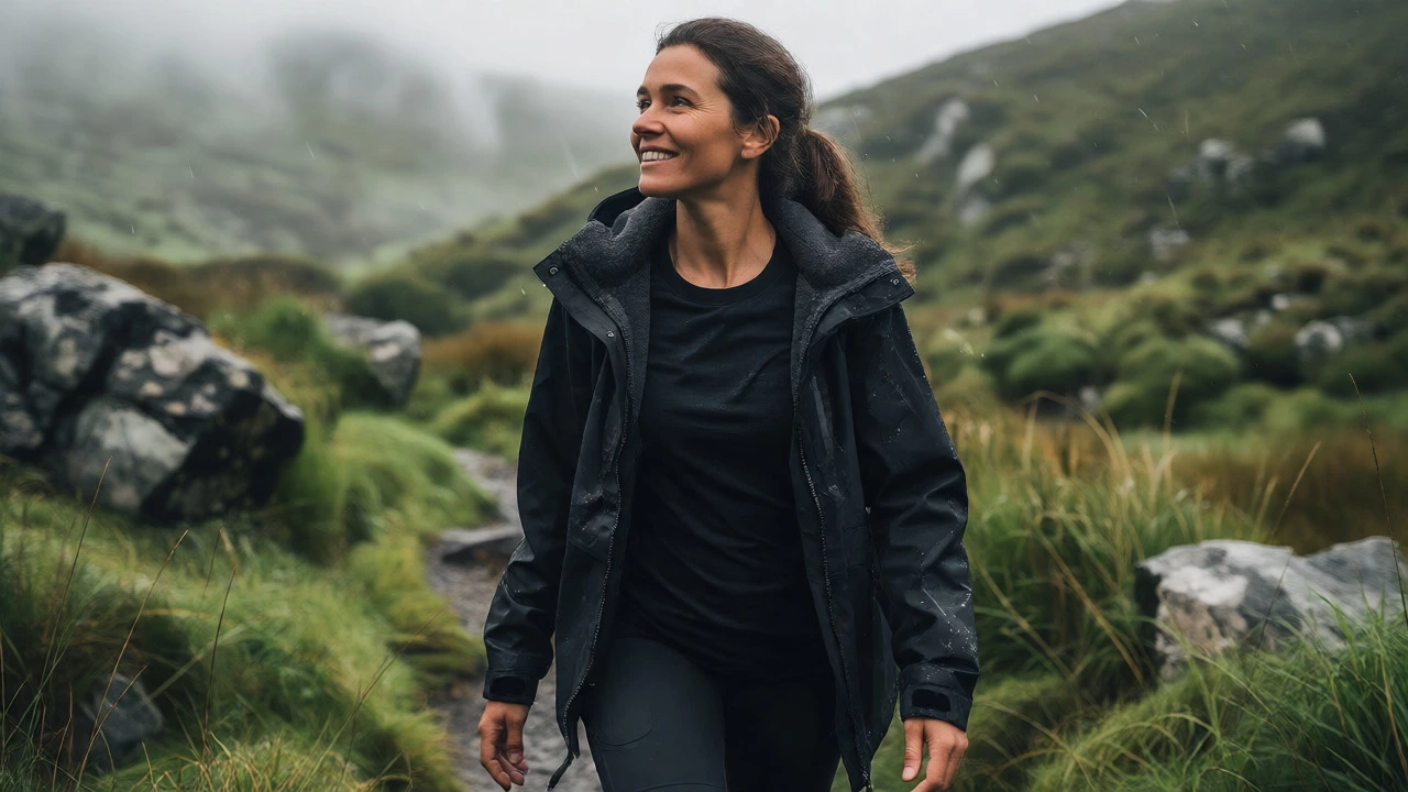 Hiker wearing black t-shirt and rain gear in misty Wicklow Mountains