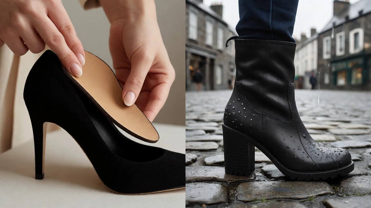 Inserting an orthotic insole into a stiletto alongside waterproof block boots on wet cobblestones.