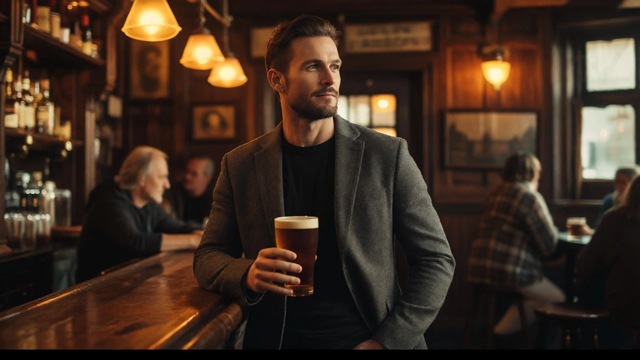 Man in black tee and blazer drinking at an Irish pub bar